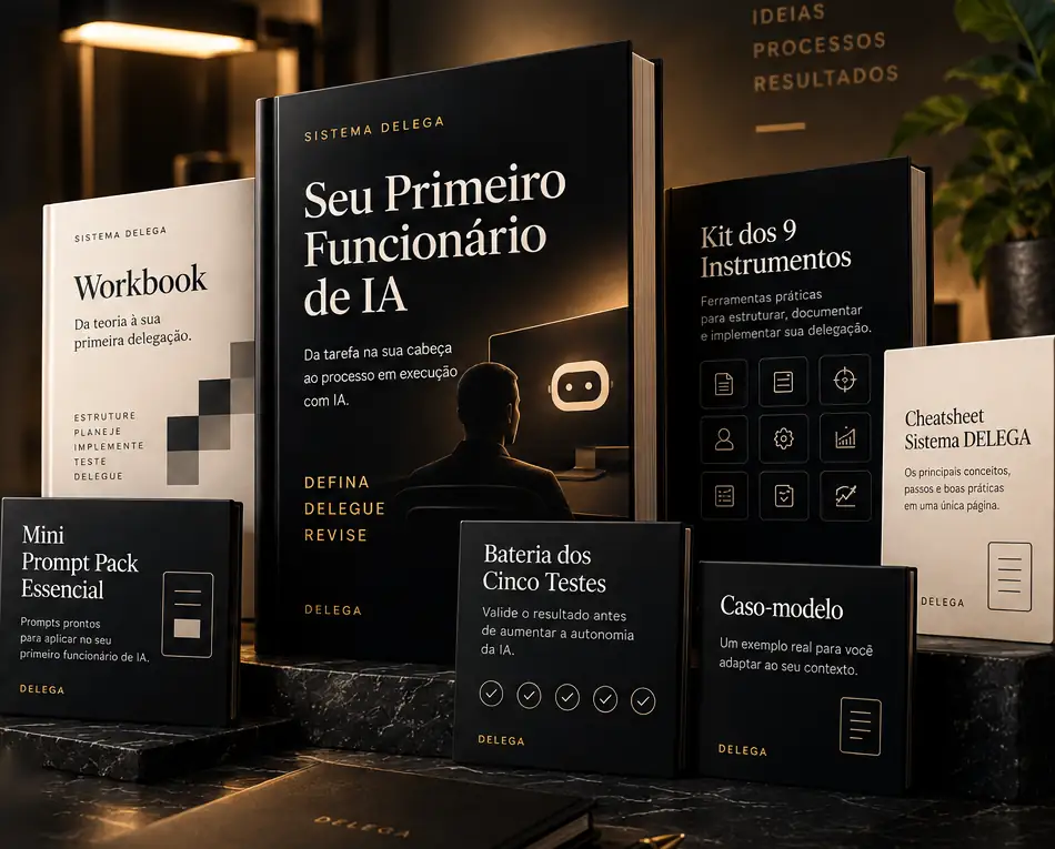 Representação editorial do e-book Seu Primeiro Funcionário de IA, Workbook, Kit dos 9 Instrumentos, Mini Prompt Pack, Bateria dos Cinco Testes, Cheatsheet e Caso-modelo.